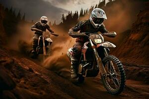 Racing enthusiasts on dirt bikes navigate a challenging dirt track AI Generated photo