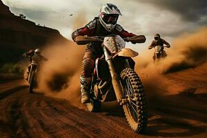 Racing enthusiasts on dirt bikes navigate a challenging dirt track AI Generated photo