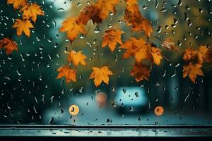 Rainy day backdrop featuring outdoor window with autumnal leaf decor AI Generated photo