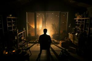 Realistic dollhouse living room at night, man sits, emphasizing staying home AI Generated photo