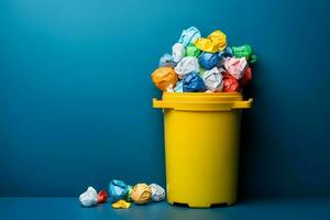 Recycling concept Blue bin filled with crumpled colorful paper balls AI Generated photo