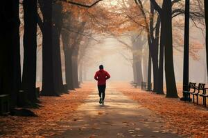 Runner braves the misty, fall morning in a tranquil park AI Generated photo