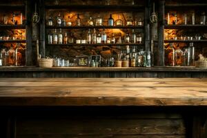 rústico elegancia de madera bar escritorio con un blanco lona para decoración ai generado foto