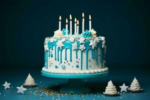 A stunning white birthday cake featuring teal ganache, star decorations AI Generated photo