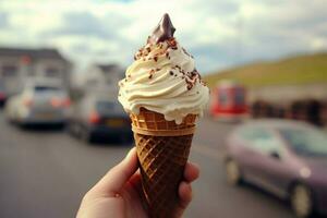 Scenic treat hand holds vanilla ice cream dipped in hot chocolate AI Generated photo