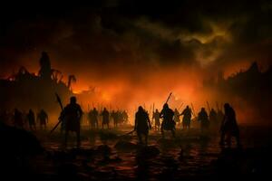 Silhouetted warriors wage a medieval battle in the misty darkness AI Generated photo