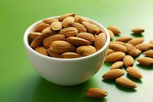 Single almond in a white ceramic bowl on green background, promoting healthy eating AI Generated photo