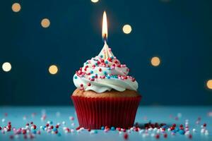 Single candle atop a blue cupcake with vibrant red sprinkles AI Generated photo