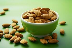 Single almond in a white ceramic bowl on green background, promoting healthy eating AI Generated photo