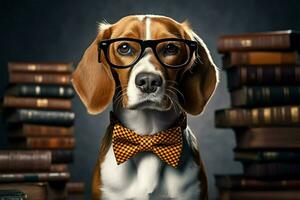 inteligente beagle con lentes y arco Corbata roba corazones sin esfuerzo ai generado foto