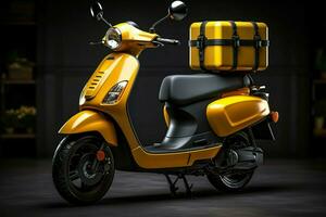 pulcro entrega scooter, moderno diseño, equipado con mensajero caja posterior ai generado foto