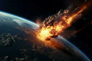 Space view Meteorite ablaze in atmosphere as asteroid impacts the planet AI Generated photo