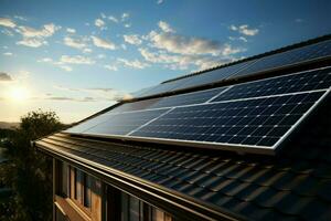 solar paneles en un casas techo, defendiendo sostenible energía soluciones ai generado foto