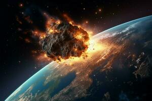 Space view Meteorite ablaze in atmosphere as asteroid impacts the planet AI Generated photo