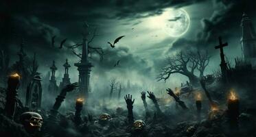 Spooky Halloween background with undead skeletal hands rising from graveyard AI Generated photo