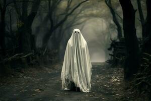 Spooky ghost shrouded in white sheet haunts a rustic trail AI Generated photo