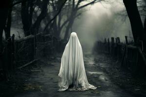 Spooky ghost shrouded in white sheet haunts a rustic trail AI Generated photo