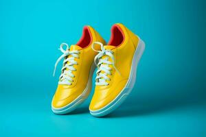 Sporty blue sneakers, laces afloat, set against a lively yellow backdrop AI Generated photo