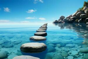 Step stones create a serene pathway in the calm blue water, embodying Zen AI Generated photo