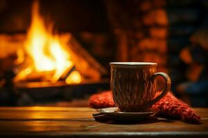 Steaming drink by the cozy fireplace, mitten clad mug, chalet ambiance AI Generated photo