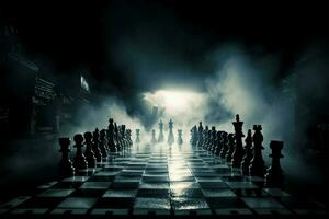 Strategic chess game in a foggy atmosphere signifies business competition AI Generated photo