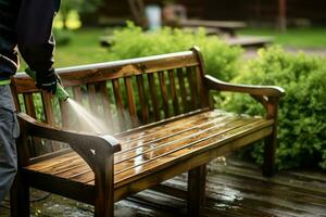 verano al aire libre limpieza persona usos presión lavadora en de madera jardín banco ai generado foto