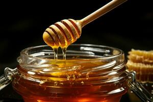 Studio close up A honey jar with dipper, captured in detail AI Generated photo