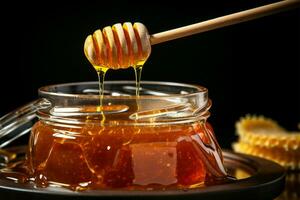 Studio close up A honey jar with dipper, captured in detail AI Generated photo