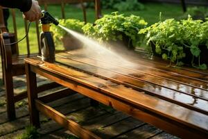 Summer outdoor cleaning person uses pressure washer on wooden garden bench AI Generated photo