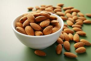 un blanco cuenco con Almendras, representando orgánico, proteína Rico vegano meriendas ai generado foto