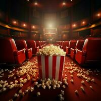 3D rendering of a film hall featuring red chairs and popcorn AI Generated photo