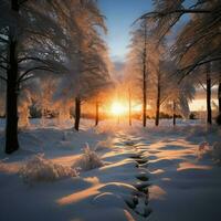 Golden winter sunset in the woodland, a moment of serene beauty AI Generated photo