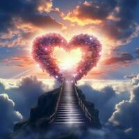 Love and faith intertwine with a stairway to a heart shaped sky AI Generated photo