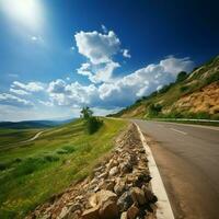 Natures beauty Road ascending towards hill under a sunny sky AI Generated photo