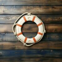 Nautical themed welcome Lifebuoy on textured wood background for custom text AI Generated photo