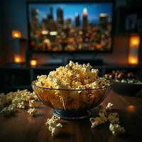 Movie night essentials Glass bowl of popcorn with TV backdrop AI Generated photo