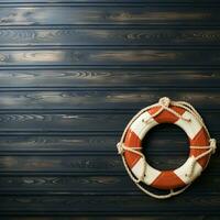 Nautical themed welcome Lifebuoy on textured wood background for custom text AI Generated photo