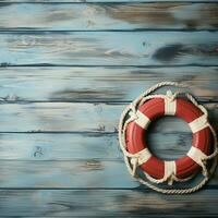 Nautical themed welcome Lifebuoy on textured wood background for custom text AI Generated photo