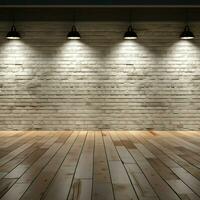Showroom with white brick walls illuminated by focused spotlights AI Generated photo