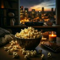 The perfect setup for a cozy evening Popcorn and TV screen AI Generated photo