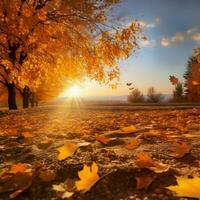 Sunlit autumn landscape Maple trees, golden leaves, and bright sunlight AI Generated photo