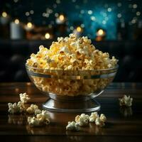 TV time treat Glass bowl filled with fresh, buttery popcorn AI Generated photo