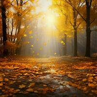 Autumns splendor A sunny forest adorned with yellow foliage AI Generated photo
