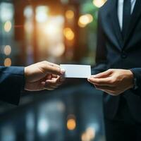 Businessmen exchanging blank cards, a potential partnership in the making AI Generated photo
