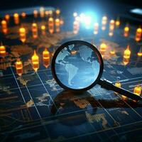 Digital stock market analysis magnifying online trading data on world map AI Generated photo