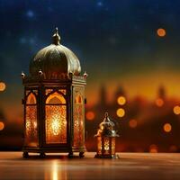 Eid Ul Adha celebrations captured on cards with ornate Arabic lanterns AI Generated photo