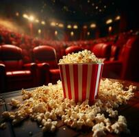 experiencia película magia en 3d prestados cine con rojo asientos y palomitas de maiz ai generado foto