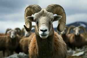 cuerno grande ovejas dominante mirada capturado en un poderoso, cerca arriba retrato ai generado foto