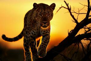 A leopard emerges at daybreak, blending with the sunrises colors AI Generated photo