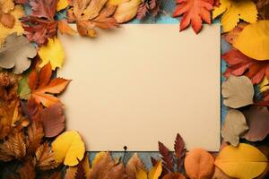 Bright, colorful autumn leaves with a paper sheet for messages AI Generated photo